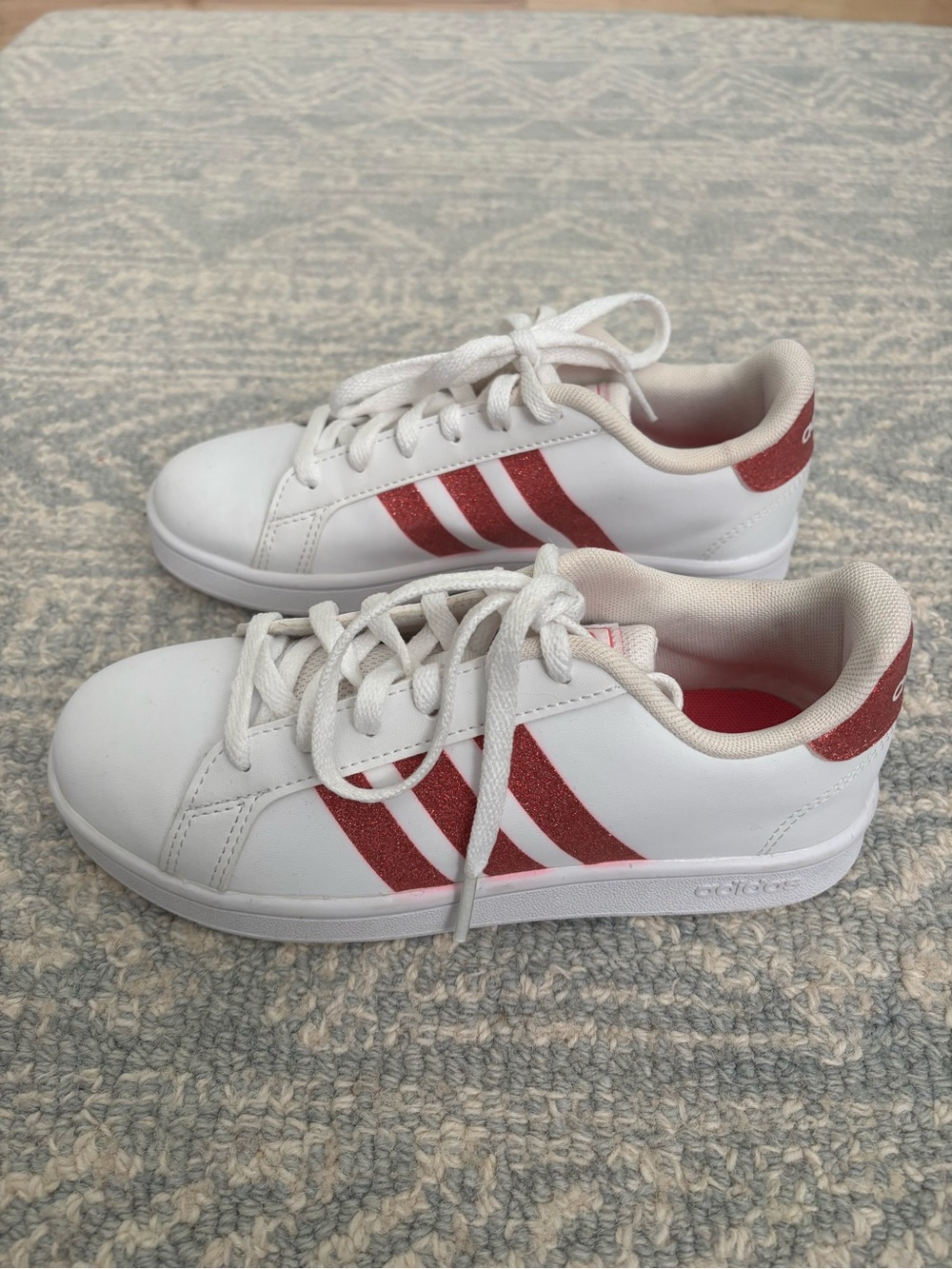 Adidas Kids White Sneakers with Pink Sparkle Stripes
